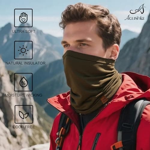 ACUSHLA 100% Merino Wool Neck Gaiter for Men & Women Ski Face Mask Winter Scarf Neck Warmer All Weather, Midweight Maple Leaf