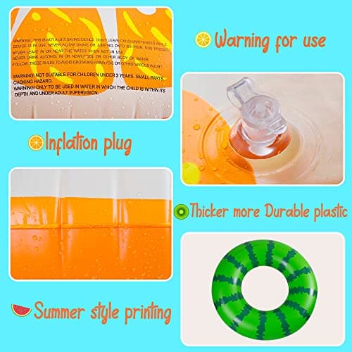 90shine 7PCS Fruit Pool Floats: Watermelon Kiwi Orange Lemon Swimming Rings with 13.5" Beach Balls - Inflatable Tubes Floaties Toys for Kids Adults