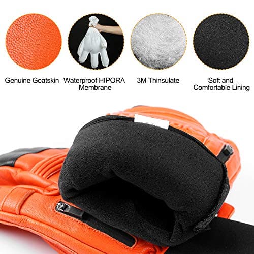 KUTOOK Winter 3 Fingers Ski Mittens Goatskin Thermal 3M Thinsulate Waterproof Snowboarding Gloves with Pocket for Men Women