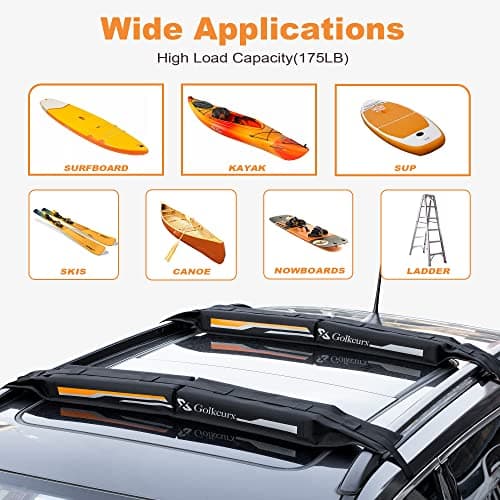 Golkcurx Universal Soft Roof Rack Pads for Kayak,Surfboard, SUP, Canoe, Snowboard with15FT Tie-Down Straps*2 and Storage Bag*1 (Black)