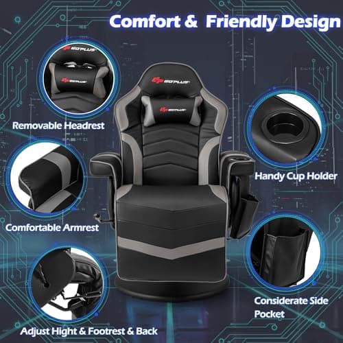 POWERSTONE Gaming Recliner, Adjustable Massage Gaming Chair with Cup Holder Footrest Ergonomic Single Sofa Living Room Home Theater Seating with Side Pouch (Grey)
