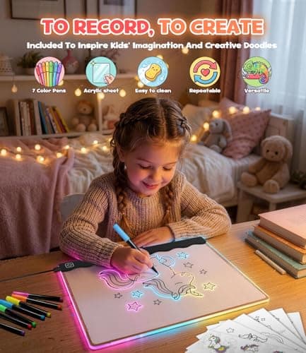 USB-C 10" Light Up Coloring Pad, 7 Color Doodle Glow Tablet, 7 Pens, 10 Tracing Sheets, Unicorn Birthday Gift Age 4 5 6 7 8 9 LED Drawing Board for Girls, Arts Gifts Kit and Crafts Toys for 3+ Year Old B0GDCX74KL