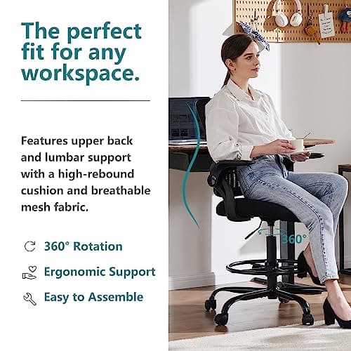 DUMOS Drafting Chair for Standing Desk, Counter Height Adjustable, Flip-up Arms, Ergonomic Mid Back Mesh Rolling Work 360° Swivel Office Computer Chairs with Wheels, for Bedroom Livingroom, Ink