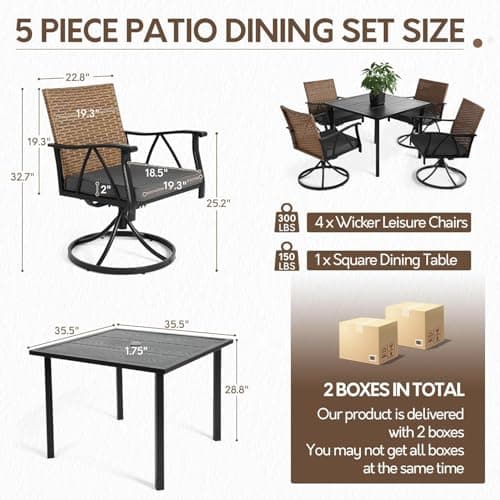 5-Piece Patio Dining Set for 4，Outdoor Dining Set with Wicker Swivel Patio Dining Chairs with Cushions & 1 Black Square Woodgrain Dining Table with 1.75”Market Umbrella Hole, Black & Brown