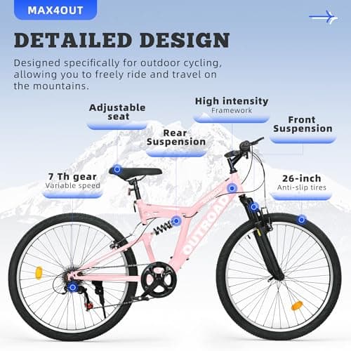 26 inch Mountain Bike Dual Full Suspension, Outdoor Hybrid Bikes,7-Speed/High-Carbon Steel, for Men Women Adult, MTB Bicycle with Suspension Fork,Sleek Colors