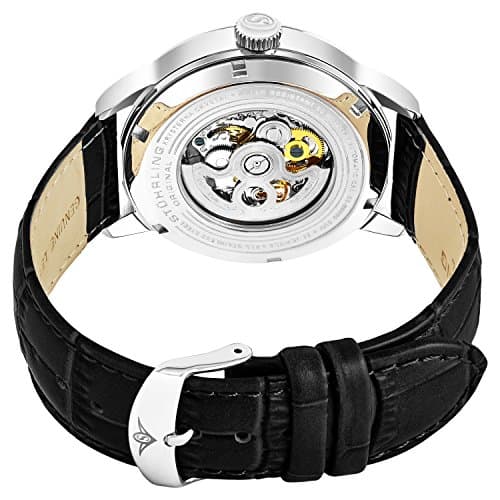 Stuhrling Original Mens Automatic Skeleton Watch - Black Leather Strap, Mechanical Silver Executive Watch