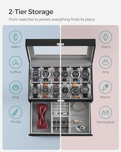 SONGMICS SONGMICS Watch Box, 12-Slot Watch Case Organizer with Large Glass Lid, 2 Layers, Removable Pillows, Metal Lock, Gift for Loved Ones, Black Synthetic Leather, Gray Lining UJWB012