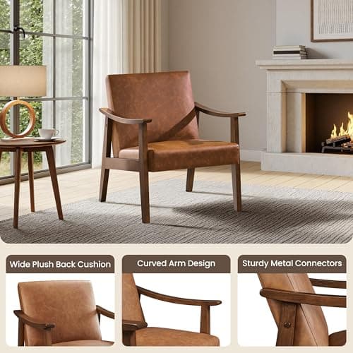 Yaheetech PU Leather Accent Chair, Mid-Century Modern Armchair with Solid Wood Legs, Reading Leisure Chair with High Back for Living Room Bedroom Waiting Room, Brown