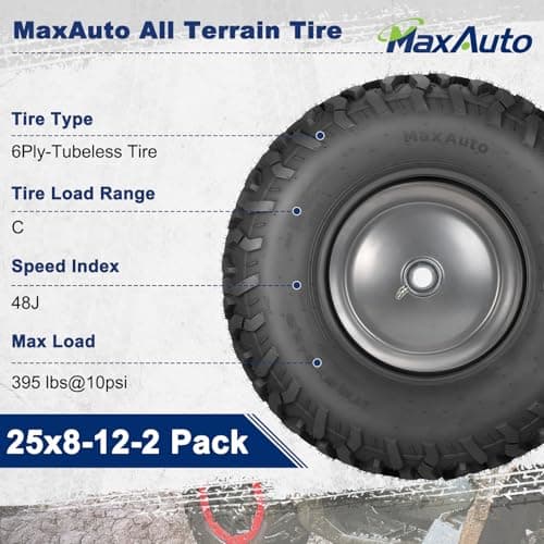 MaxAuto Set of 4 AT25x8-12 & AT25x10-12 ATV UTV Mud Sand Tires,25x8x12 Front & 25x10x12 Rear All-Terrain Off-Road Tires,6 PR, Tubeless,4 Pack in 2 Packages