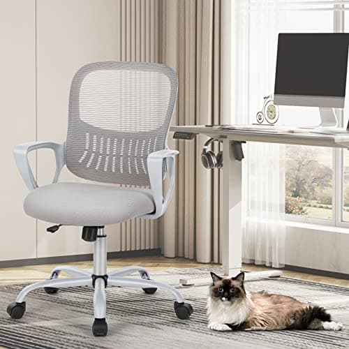Sweetcrispy Ergonomic Mid-Back Mesh Home Office Desk Chair with Wheels, Managerial Executive Chair with Lumbar Support, and Comfortable Armrests for Home, Bedroom, Study, Office, Grey