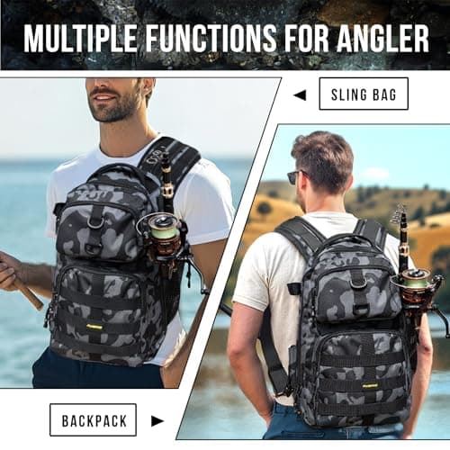 PLUSINNO Fishing Backpack with Tackle Boxes, Waterproof Fishing Sling Tackle Bag For Fishing Gear With Rod Holder, Fishing Gifts for Men With Fishing lures, Fishing pliers, Fish Lip Gripper.