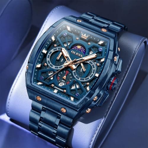 OLEVS Watches for Men Analog Quartz Luxury Diamond Waterproof Chronograph Stainless Steel Big Face Square Date Moon Phase Roman Numeral Dress Watch for Men