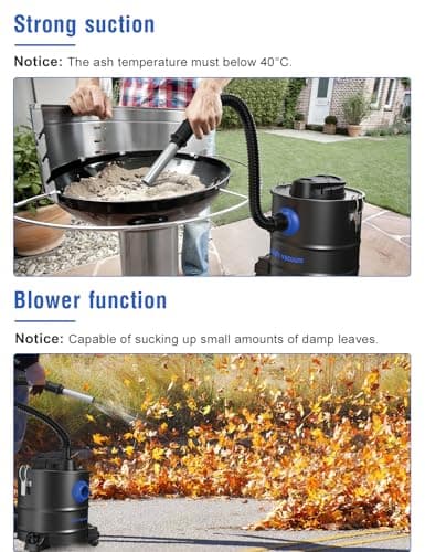 Oragerju Ash Vacuum, Pellet Stove Vacuum Cleaner, 5.3 Gallon, 20kPa, 1200W Powerful Motor with Blower Function, On Wheels and HEPA Filter, The Ash Vacuum for Pellet Stoves & Wood Stoves