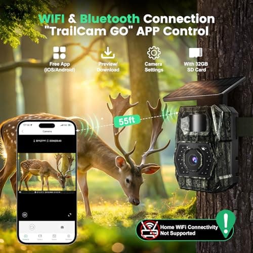 MAXDONE Solar Trail Camera WiFi Bluetooth - 48MP 30fps Game Camera with 5200mAh Rechargeable Battery, 0.1s Trigger Speed Motion Activated Trail Cam IP66 with 32GB TF Card for Wildlife Monitoring