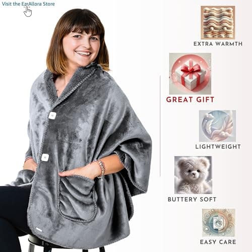 Premium Double Layer Poncho Blanket -No Sleeves Easy On Easy Off- Drape and Go Shawl Gift for Women Who Have Everything - Gifts for Grandma and Mom (Silver Grey)
