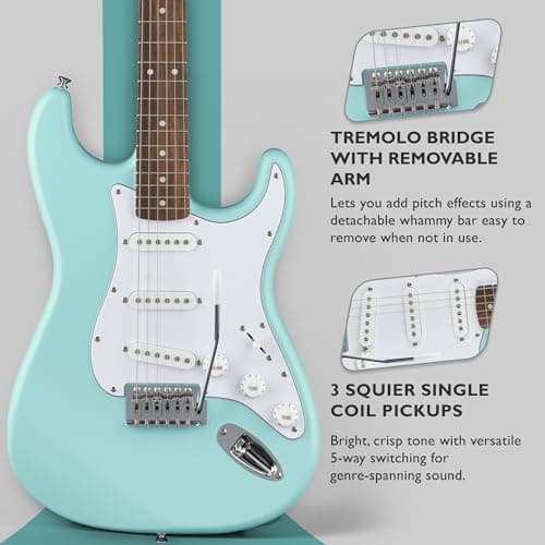 Fender Squier Stratocaster Electric Guitar - Daphne Blue Bundle with Amplifier, Gig Bag, Cable, Strap, Picks, and Austin Bazaar Instructional Video