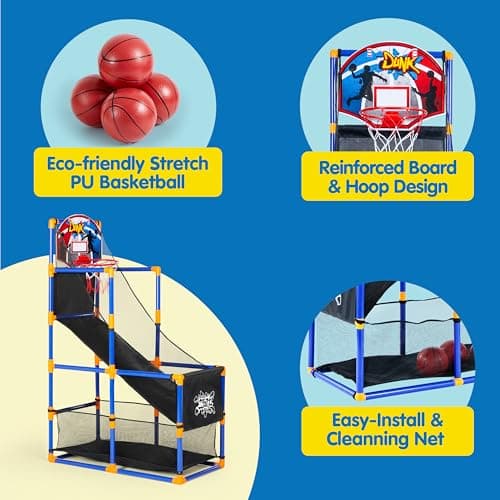 JOYIN Arcade Basketball Game Set with 4 Balls and Hoop for Kids 3 to 12 Years Old Indoor Outdoor Sport Play - Easy Set Up - Air Pump Included - Ideal for Competition