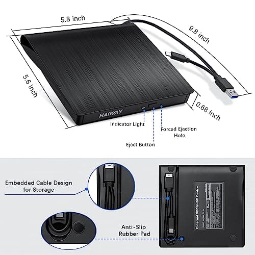 Haiway External DVD Drive, USB 3.0 Type-C CD Burner Portable CD DVD +/-RW Optical Drive Slim CD DVD ROM Rewriter CD/DVD Player Writer Reader for Laptop Desktop MacBook PC Windows Linux Mac OS (Black)