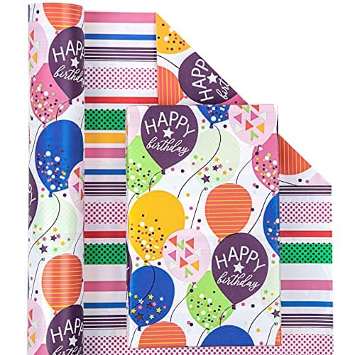 WRAPAHOLIC Reversible Birthday Wrapping Paper - Mini Roll - 17 Inch X 33 Feet - Colorful Balloon with Confetti Design for Birthday, Holiday, Party, Baby Shower B0BJ6V38SZ