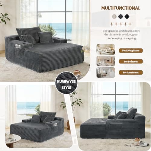 Kurhwyss Oversized Chaise Lounge Chair with Cup Holders and Pockets, Corduroy Single Sleeper Couch with 3 Pillows, Upholstered Boneless Sofa Comfy Reading Chair for Living Room Bedroom (Grey)