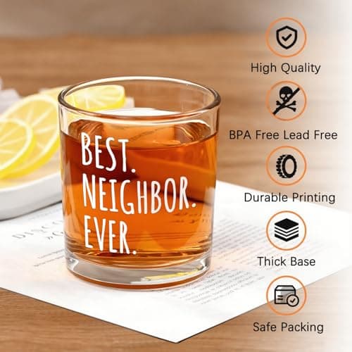 Futtumy Best Neighbor Ever Whiskey Glass, Farewell Gifts for Neighbors, Moving Away Housewarming Goodbye Welcome Appreciation New Neighborhood Novelty Christmas Gift, 10 Oz Old Fashioned Glass