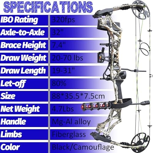 Archery Compound Bow Set 20-70 LBS, Draw Length 19"-31", up to IBO 320 fps, Hunting Compound Bow with All Accessories for Archery Hunting Target Shooting Practice RTH