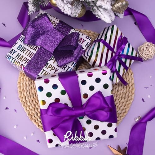 Ribbli Birthday Wrapping Paper Iridescent Gift Wrapping Paper Mini Roll, 3 Rolls Happy Birthday Polka Dots Stripes Printed Assortment - 17 inch x 120 inch(10feet) Per Roll B0CBRVLFSY