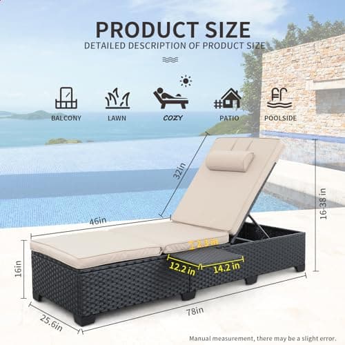 WAROOM Outdoor Chaise Lounge Chairs for Outside Patio Furniture Set of 2 Wicker Recliner Black Rattan Sunbathing Lounger Adjustable Backrest Pool Reclining Chair, Khaki Cushion