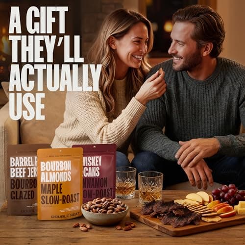 Double Neat Bourbon Flavored Snacks Variety Pack | Snacks Gifts for Men | Bourbon Glazed Beef Jerky, Cinnamon Whiskey Pecans, Almonds | Gift for Whiskey Lovers Men | 10oz, 3 Pack B0GGHN7KTL