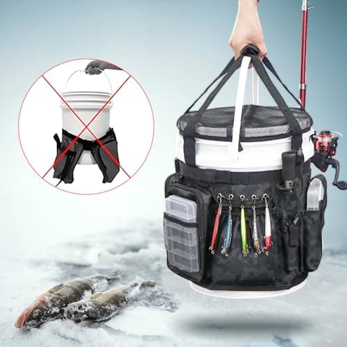 WTVIDAS Fishing Bucket Organizer with Bucket Cover, Ice Fishing Tackle Bag with Rod & Plier Holder, Multi-Pockets for 5 Gallon Bucket Fishing Gear & Accessories
