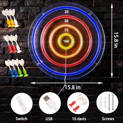 BITILLUM Dartboard Neon Sign for Wall Decor - Stylish LED Light & Playable Dartboard Combo with 10 Suction Cup Darts for Game Rooms, Bars, Man Caves, Home Theaters