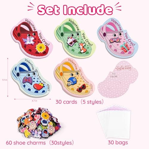 AYGXU Valentines day cards for kids school-valentines day gifts for kids,30pcs Cards with 60 Shoe Charms for boys girls,valentine exchange gifts bulk party favors