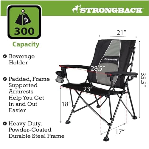 STRONGBACK Elite Folding Camping Lawn Lounge Chair Heavy Duty Camp Outdoor Seat with Lumbar Support and Portable Carry Bag - Black/Grey