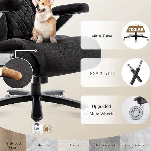 Fabric 700lbs Big and Tall Office Chair, Ergonomic Heavy Duty Executive Cloth Office Chair with 5D Flip Arms & Adjustable Lumbar Support & Dual Rubber Wheel, Large Thick Padded Extra Wide Seat, Black
