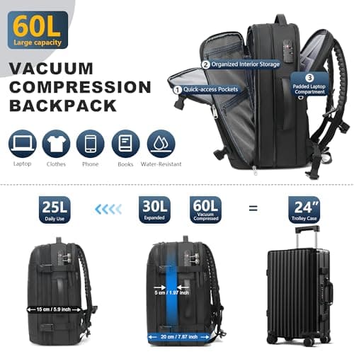 Vacuum Backpack Travel 60L Expandable Vacuum Seal Compression Travel Backpack with Pump, TSA, Waterproof Oxford,17" Laptop Compartment,Carry On Backpack for Men & Women,Business,Flight Travel (Black)