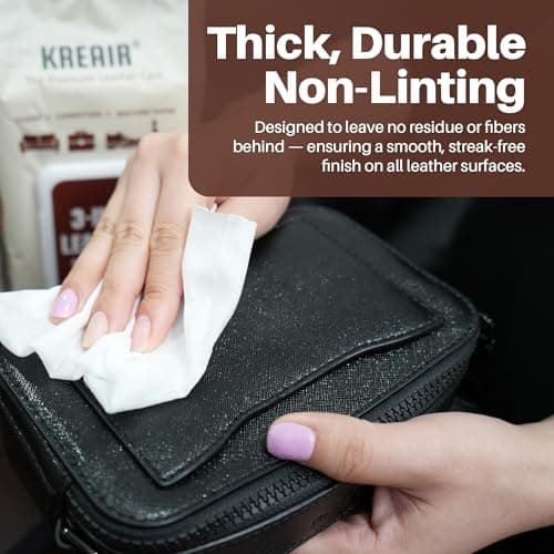 Kreair 3in1 Leather Wipes 75 XL Count, Clean, Condition & Restore Shine, Extra-Large 8"x10" Wipes for Car Seats, Shoes, Furniture & Bags, Thick, Durable & Non-Linting, Safe for All Leather Types