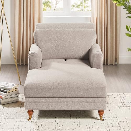 VANOMi 57.48'' Chaise Lounge Chair Indoor, Modern Chenille Chaise Lounge Couch with Adjustable Deep Backrest, Upholstered Leisure Recliner Chair for Living Room, Apartment, Bedroom, Camel Color