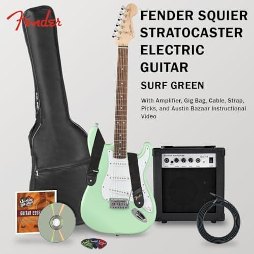 Fender Squier Stratocaster Electric Guitar - Surf Green Bundle with Amplifier, Gig Bag, Cable, Strap, Picks, and Austin Bazaar Instructional Video