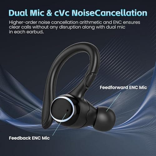 Beniduck Wireless Earbuds Bluetooth 5.3 Headphones Stereo Ear Buds, ENC Noise Cancelling Mic,IPX7 Waterproof Earphones with Hook for Android iOS Smart Phone Laptop Computer Sports - Black