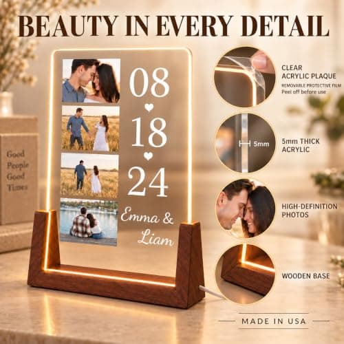 Personalized Couple Gifts, Custom Acrylic Photo Plaque with 4 Photos, Names & Date, Anniversary Keepsake with Wooden Base, Birthday Gifts for Wife, Husband, Girlfriend or Boyfriend B0HJZ6XZV6