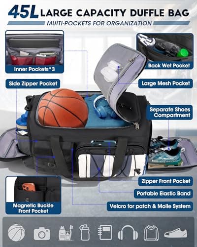 SDYSM Gym Bag for Men 45L Sports Duffel Bags 3-in-1 Travel Duffel Bag with Shoe Compartment, Gym Workout Backpack Carry On Weekender Bag Overnight Bag for Travel, Black