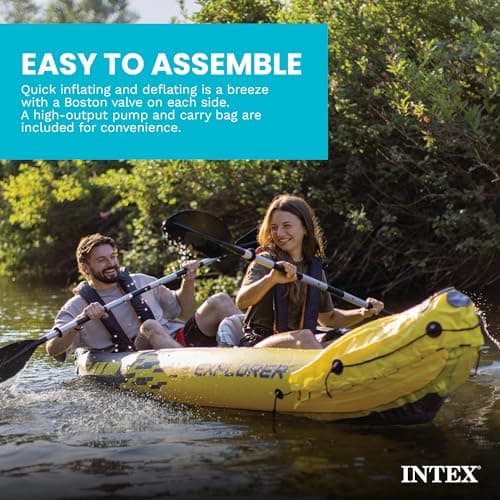 Intex 68307EP Explorer K2 Inflatable Kayak Set: Includes Deluxe 86in Aluminum Oars and High-Output Pump – SuperStrong PVC – Adjustable Seats with Backrest – 400lb Weight Capacity