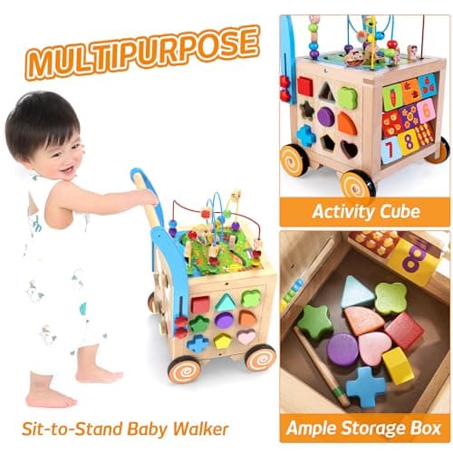 Wooden Baby Walker | Baby Push Walker with 9-in-1 Activity Cube, Sit to Stand Learning Walker Toy with Wheels for Boys Girls, Montessori Activity Center Walker, Adjustable Speed & Height