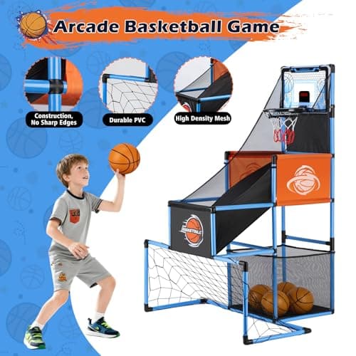 2 in 1 Basketball Arcade Game & Soccer Goal for Kids, Adjustable Kid Basketball Hoop with 6 Balls and Pump, Indoor Outdoor Games for Kid Toys for 3-12 Year Old Kids Birthday Gifts for Boys Girls