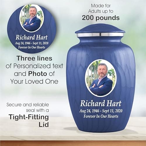 Personalized Photo Cremation Urns for Human Ashes Male Female - 200lbs Custom Photo Burial Urns for Human Ashes - Engraved Handcrafted Funeral Decorative Urns for Adult with Velvet Bag, Blue Enamel B0GLQXZC36
