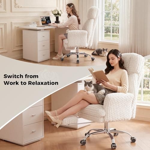HOMRELEXA Big and Tall Office Chair, Flip Armrests for Pets & Cross Legged Sitting, Executive Ergonomic Computer Gaming Chair with Foot Rest, White Rose Velvet Wide Seat Reclining Desk Chair