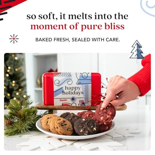 David's Cookies Happy Holidays Mini Cookies in Sweet Sampler Tin - Assorted Mini Christmas Cookies with Chocolate & White Chocolate Chip and Red Velvet - Gourmet Cookie Gift Basket for Christmas 14oz