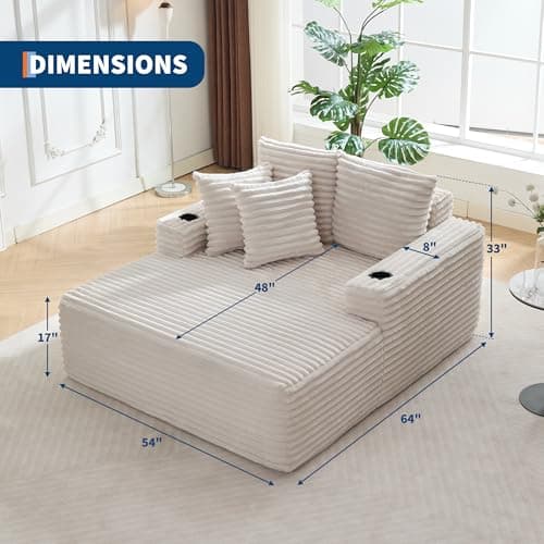 IDEALHOUSE 64" Oversized Chaise Lounge Chair Indoor, Upholstered Boneless Sofa Bed with Throw Pillows, Cup Holders and Armrests, Comfy Corduroy Sleeper Couch for Living Room, Bedroom, Office (Beige)