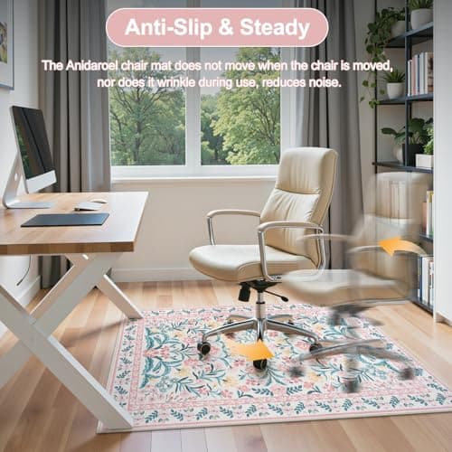 Anidaroel 36"x48" Office Chair Mat for Hardwood Floor, Boho Floral Floor Mat for Office Chair, Anti-Slip Desk Rug for Office, Low Pile Desk Chair Mats for Hardwood, Blush Pink Small Office Rug