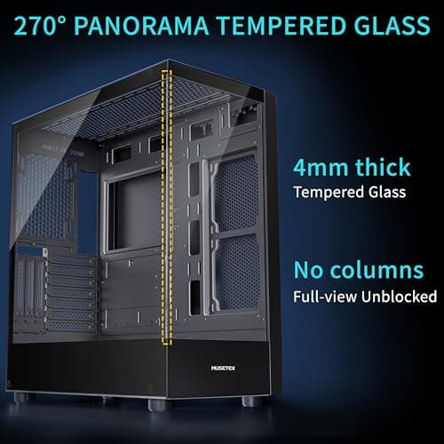 MUSETEX PC CASE ATX 6 PWM ARGB Fans Pre-Installed, Type-C Mid Tower Computer Case with Full-View Dual Tempered Glass, Gaming PC Case,Black(K2)